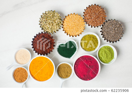 Top view of various dietary supplements for salads Top view of various dietary supplements for salads 62235906