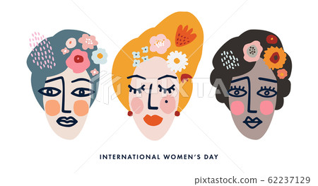 International Womens Day holiday greeting card, invitation. Modern beautiful women faces of different cultures and flowers. Hand drawn illustration background for posters, banner. Vector template. 62237129