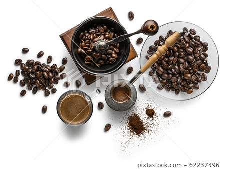 Coffee and accessories top view on white background 62237396