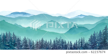 Landscape of foggy mountains and coniferous forest, trace vector of watercolor illustration, layout cannot be changed Landscape of foggy mountains and coniferous forest, trace vector of watercolor illustration, layout cannot be changed 62237674