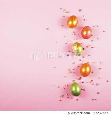 Easter layout with colored eggs and flowers on 62237844