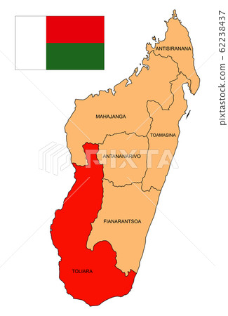 Map of the island of Madagascar. The Province Of Toliara. Flag of the Republic of Madagascar. Island state. Fianarantsoa. Antananarivo. Mahajanga. Toamasina. Antsiranana. Vector graphics. Map of the island of Madagascar. The Province Of Toliara. Flag of the Republic of Madagascar. Island state. Fianarantsoa. Antananarivo. Mahajanga. Toamasina. Antsiranana. Vector graphics. 62238437