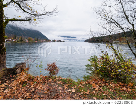 Mountain alpine autumn overcast evening lake Walchensee view, Kochel, Bavaria, Germany. 62238808