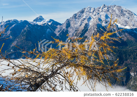 Autumn Alps mountain misty morning view, Schonau am Konigssee, Berchtesgaden national park, Germany. 62238816