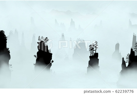 Tianzi Mountains (Avatar Mountains) in the Zhangjiajie Forest Park covered with clouds of fog. Hunan 62239776