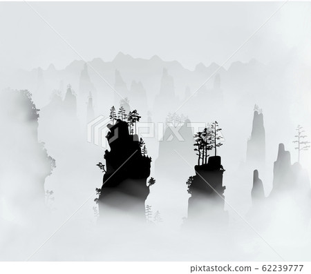 Mountains covered with clouds of thick fog. Mountain pine forest on the rocks. Vector square 62239777