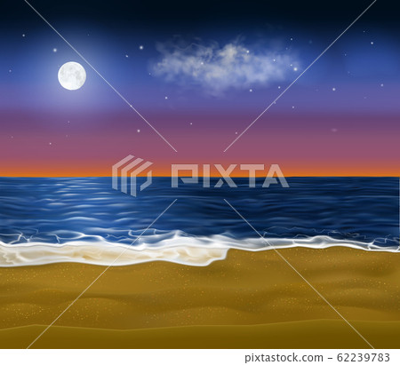 Realistic paradise coast early at morning. Vector sandy beach under the sunrise sky with moon still 62239783