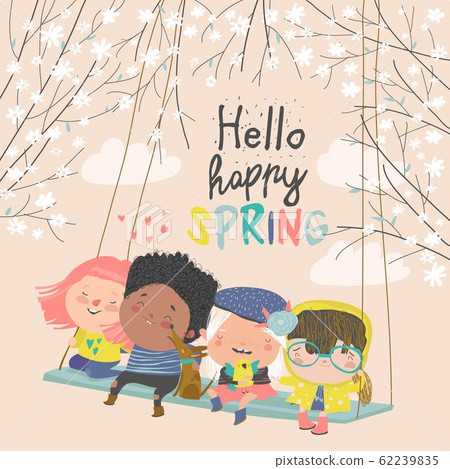 Happy kids flying on a swing in spring garden 62239835