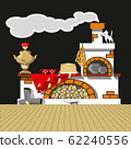 Russian oven, samovar, pancakes, bagels, felt boots. Vector set for decoration of the Russian holiday Maslenitsa. Shrovetide 62240556