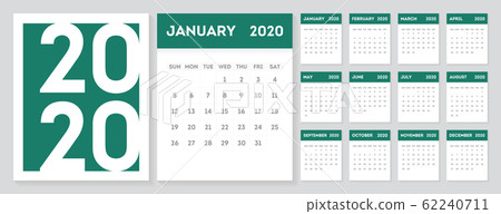 2020 Gregorian calendar design template. Set of 12 months calendar in a minimalist style. 2020 Gregorian calendar design template. Set of 12 months calendar in a minimalist style. 62240711