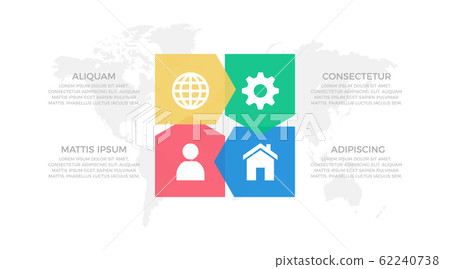 Set of yellow, green, red and blue elements for infographic with world map presentation slides. 62240738