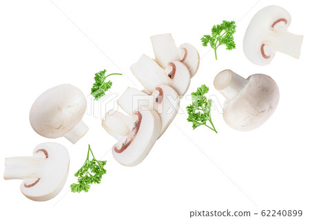 Fresh mushrooms and slices isolated on white background with copy space for your text. Top view. Flat lay. 62240899