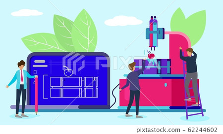 3d technology three dimensional printer and working people vector illustration. 62244602