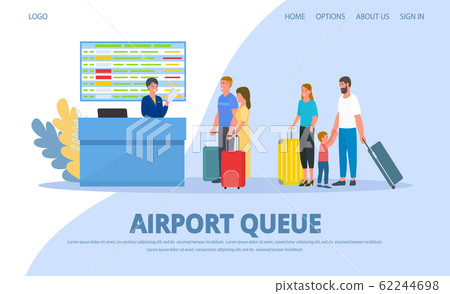 Airport, queue to check in registration desk, people passengers vector illustration web. 62244698