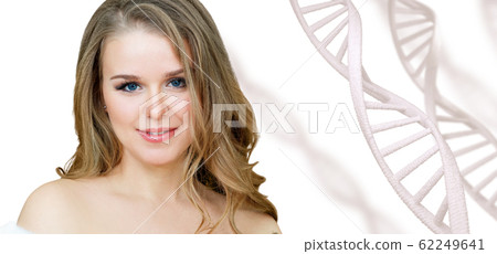 Portrait of sensual woman among white DNA chains. Portrait of sensual woman among white DNA chains. 62249641