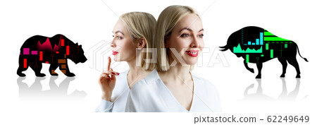Business woman among silhouettes bull and bear financial icons. Business woman among silhouettes bull and bear financial icons. 62249649