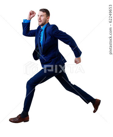 Young businessman in blue suit running fast. 62249653
