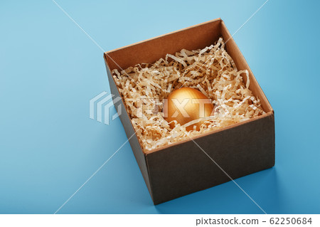 A Golden egg in a box with shavings on a blue A Golden egg in a box with shavings on a blue 62250684