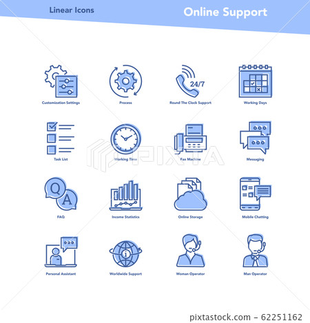 Vector set of blue color linear icons - ONLINE SUPPORT 62251162