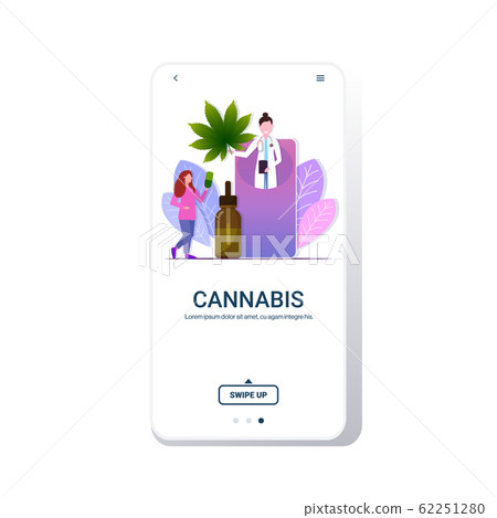 doctor in smartphone screen offering to patient cbd hemp oil extracted from marijuana plant medical cannabis online consultation concept mobile app copy space full length vector illustration 62251280