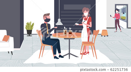 waitress taking order from client in mask to prevent epidemic MERS-CoV wuhan 2019-nCoV pandemic health risk concept cafe interior full length horizontal waitress taking order from client in mask to prevent epidemic MERS-CoV wuhan 2019-nCoV pandemic health risk concept cafe interior full length horizontal 62251736