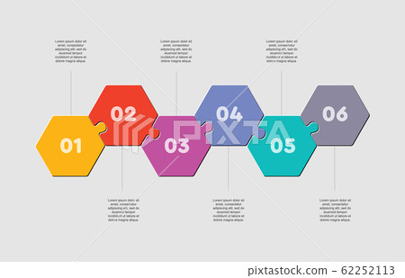 Six puzzle jigsaw hexagon line info graphic. 62252113