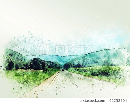 Abstract colorful mountain peak and tree landscape on watercolor illustration painting background. 62252304