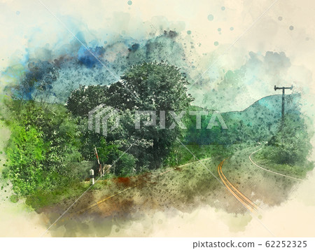 Abstract tree and field landscape in Thailand on watercolor illustration painting background. 62252325