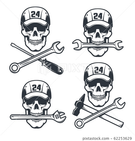 Mechanic Skull in cap with spanner and hammer - retro logo Mechanic Skull in cap with spanner and hammer - retro logo 62253629