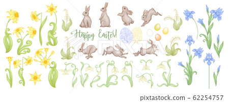 Happy Easter Set of hares, patterned eggs and spring flowers Happy Easter Set of hares, patterned eggs and spring flowers 62254757