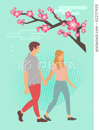 Sakura Blossom and Cartoon Teenagers Holding Hands Sakura Blossom and Cartoon Teenagers Holding Hands 62257428