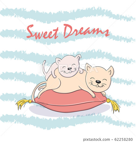 Vector cartoon illustration baby and mother cats sleeping on the pillow. 62258280