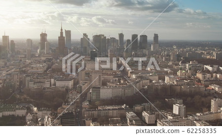 Warsaw skyline on a partially cloudy day, aerial view. Poland Warsaw skyline on a partially cloudy day, aerial view. Poland 62258335