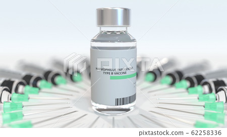 Bottle with haemophilus influenzae type B vaccine and syringes. Conceptual medical 3D rendering Bottle with haemophilus influenzae type B vaccine and syringes. Conceptual medical 3D rendering 62258336