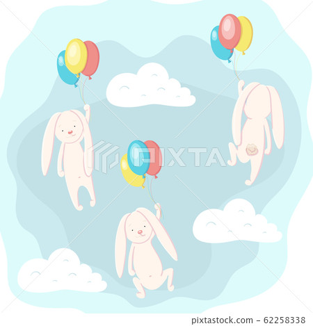 Cute hare and rabbit flying in the sky on balloons 62258338