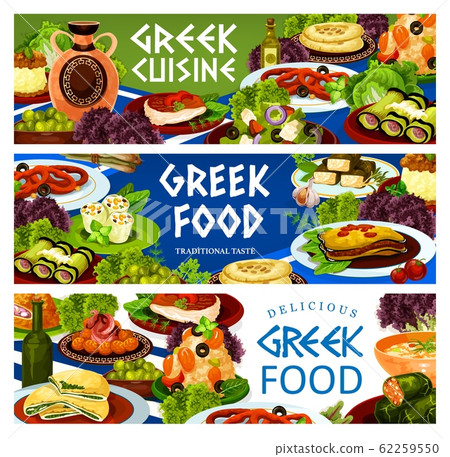 Greek salad, seafood risotto, meat moussaka, dolma 62259550