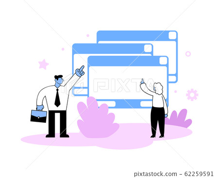 Man and woman standing in front of big interface windows. Communication, negotiation, deadline concept. Flat vector illustration. Isolated on white background. Man and woman standing in front of big interface windows. Communication, negotiation, deadline concept. Flat vector illustration. Isolated on white background. 62259591