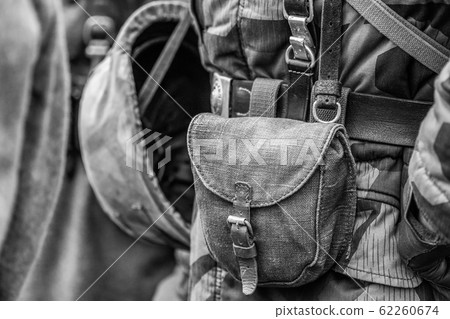 Wehrmacht soldier pouch close-up on a black and white picture 62260674