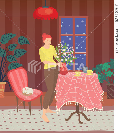 Woman at Home Interior of Room at Winter Vector 62260767