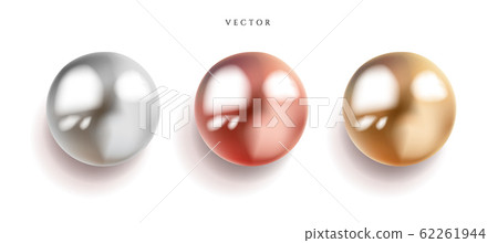 Set of pearl silver, pink or rose gold and gold spheres with glares icons isolated on white background, vector illustration. 62261944