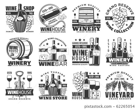 Wine and champagne bottles, glasses and grapes Wine and champagne bottles, glasses and grapes 62265054