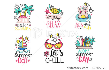 Enjoy Summer Logo Templates Collection, Lets Have Fun and Chill, Aloha Summer Day Cute Colorful Labels Vector Illustration 62265179