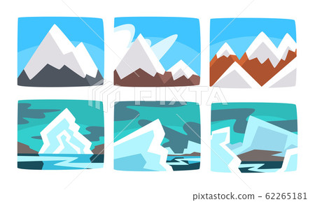 Beautiful Snowy Mountains Landscape Set, Hills and Icebergs in Sunny and Cloudy Weather Vector Illustration 62265181