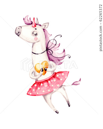 Cute little pink magical unicorn. Nursery Watercolor design on white background. Print for t-shirt. Cute little pink magical unicorn. Nursery Watercolor design on white background. Print for t-shirt. 62265372