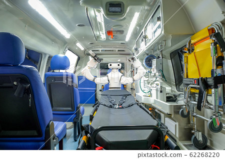 Inside smart ambulance car with medical equipment and smart robot assistant for helping patients before bring to hospital, smart medical 4.0 and smart technology for rescue human Inside smart ambulance car with medical equipment and smart robot assistant for helping patients before bring to hospital, smart medical 4.0 and smart technology for rescue human 62268220