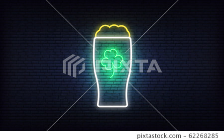 Irish pub neon sign with green three leaf clover. Glowing sign for Patricks Day Irish pub neon sign with green three leaf clover. Glowing sign for Patricks Day 62268285