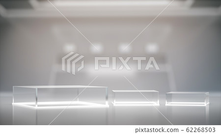 Glass pedestal for display, blank product stand with blurred Interior Of Laboratory ,futuristic background. 62268503