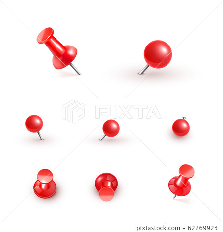 Realistic vector plastic glossy red push pins at various angles set needle. 62269923