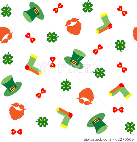 Seamless vector pattern for St. Patrick's Day with a textured print. Hat, beard, mustache, clover leaf, sock. Isolated elements on a white background. For holiday banners, cards, packaging, decoration Seamless vector pattern for St. Patrick's Day with a textured print. Hat, beard, mustache, clover leaf, sock. Isolated elements on a white background. For holiday banners, cards, packaging, decoration 62270509