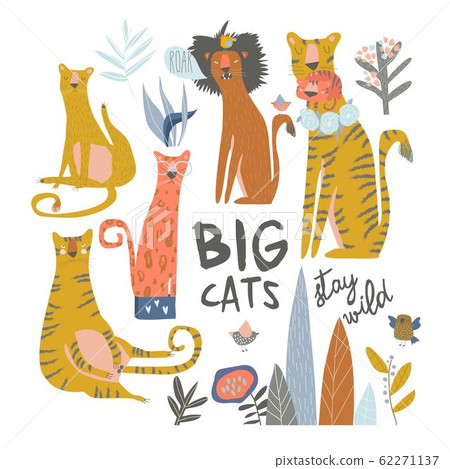 Set of cartoon wild cats. Lion,tiger,leopard with exotic flowers 62271137